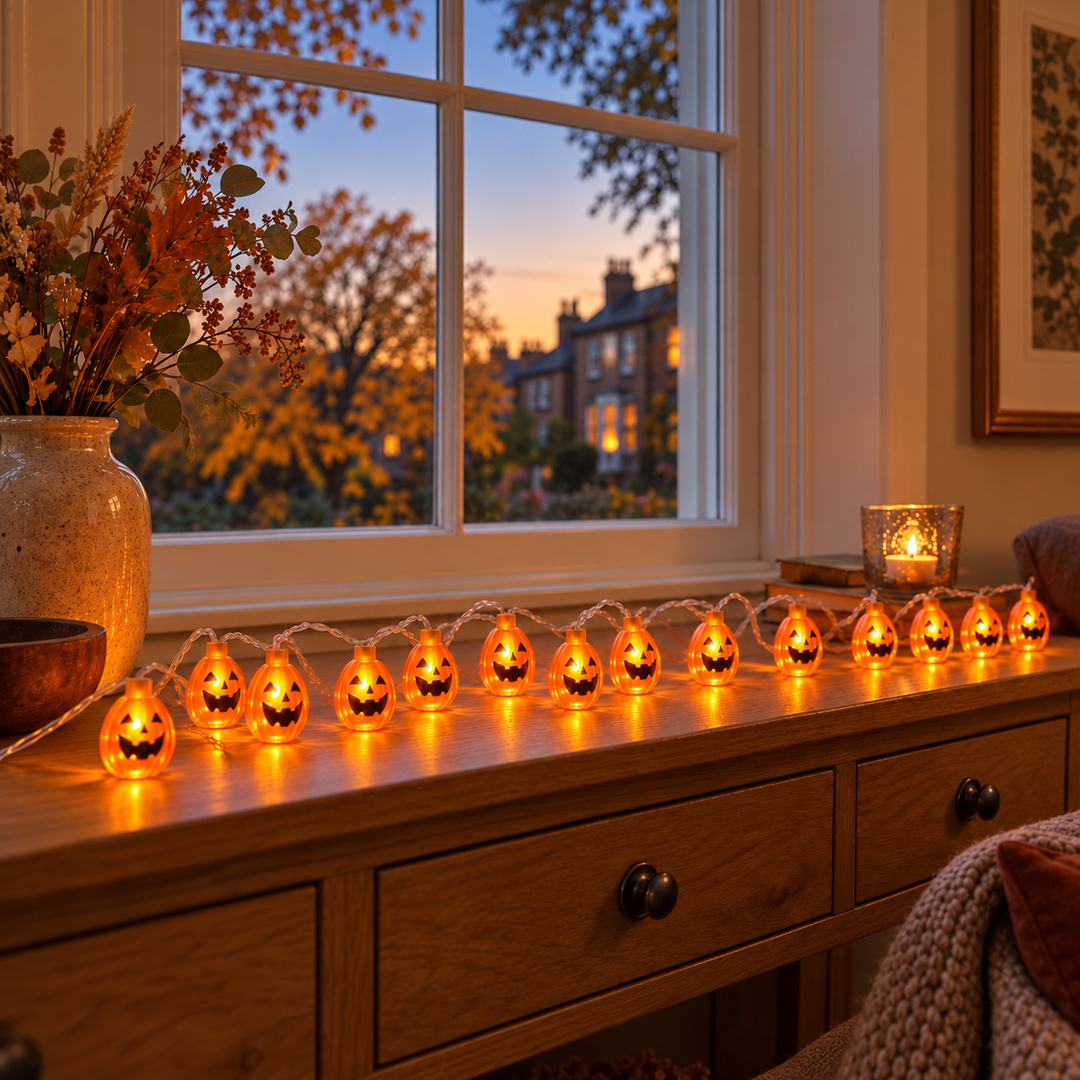 20 Pumpkin 3d LED Indoor Battery 3M String Fairy Lights in a square UK lifestyle setting