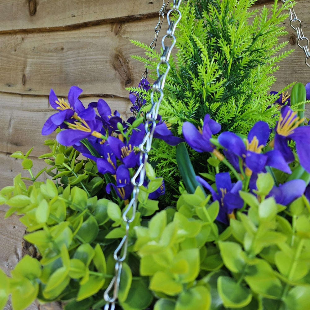 Best Artificial Purple Mini Daffodil Display in 14 inch Round Hanging Basket