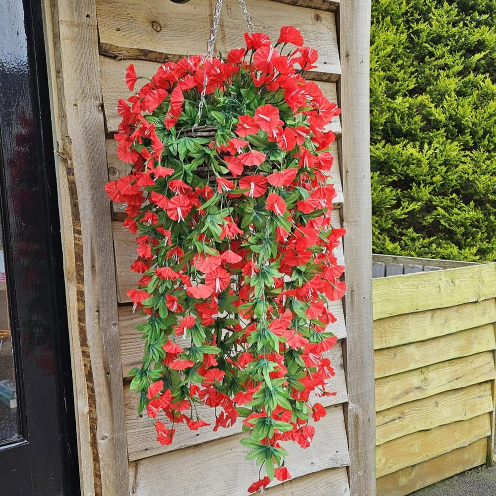 Best Artificial 75cm Morning Glory Flower Display in 10" Round Wicker Rattan Basket - Suitable for Indoor and Garden (Red)