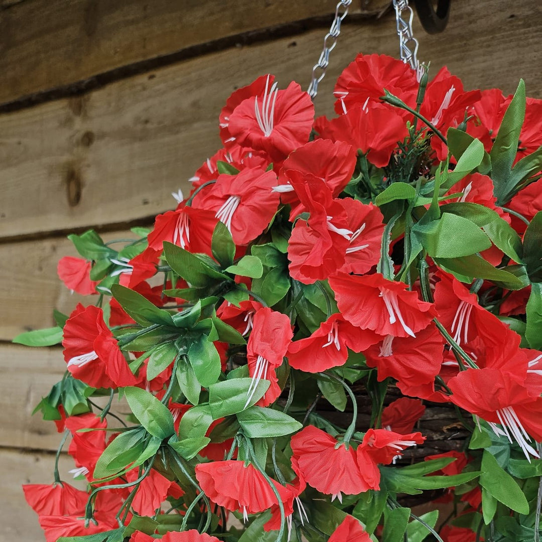 Best Artificial 75cm Morning Glory Flower Display in 10" Round Wicker Rattan Basket - Suitable for Indoor and Garden (Red)