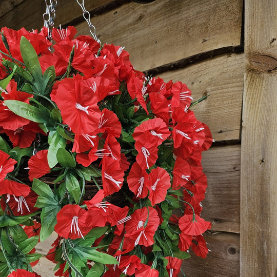 Best Artificial 75cm Morning Glory Flower Display in 10" Round Wicker Rattan Basket - Suitable for Indoor and Garden (Red)