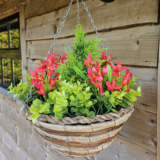 Best Artificial Red Mini Daffodil Display in 14 inch Round Hanging Basket