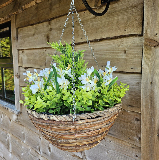 Best Artificial White Mini Daffodil Display in 14 Inch Round Hanging Basket