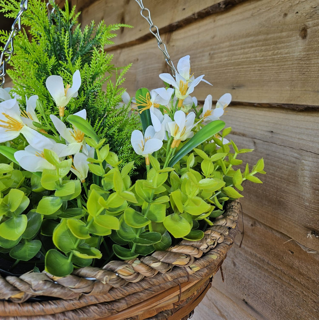 Best Artificial White Mini Daffodil Display in 14 Inch Round Hanging Basket