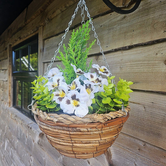 Best Artificial 10 Inch Pansy Spring Hanging Basket with Greenery and Conifer Centre