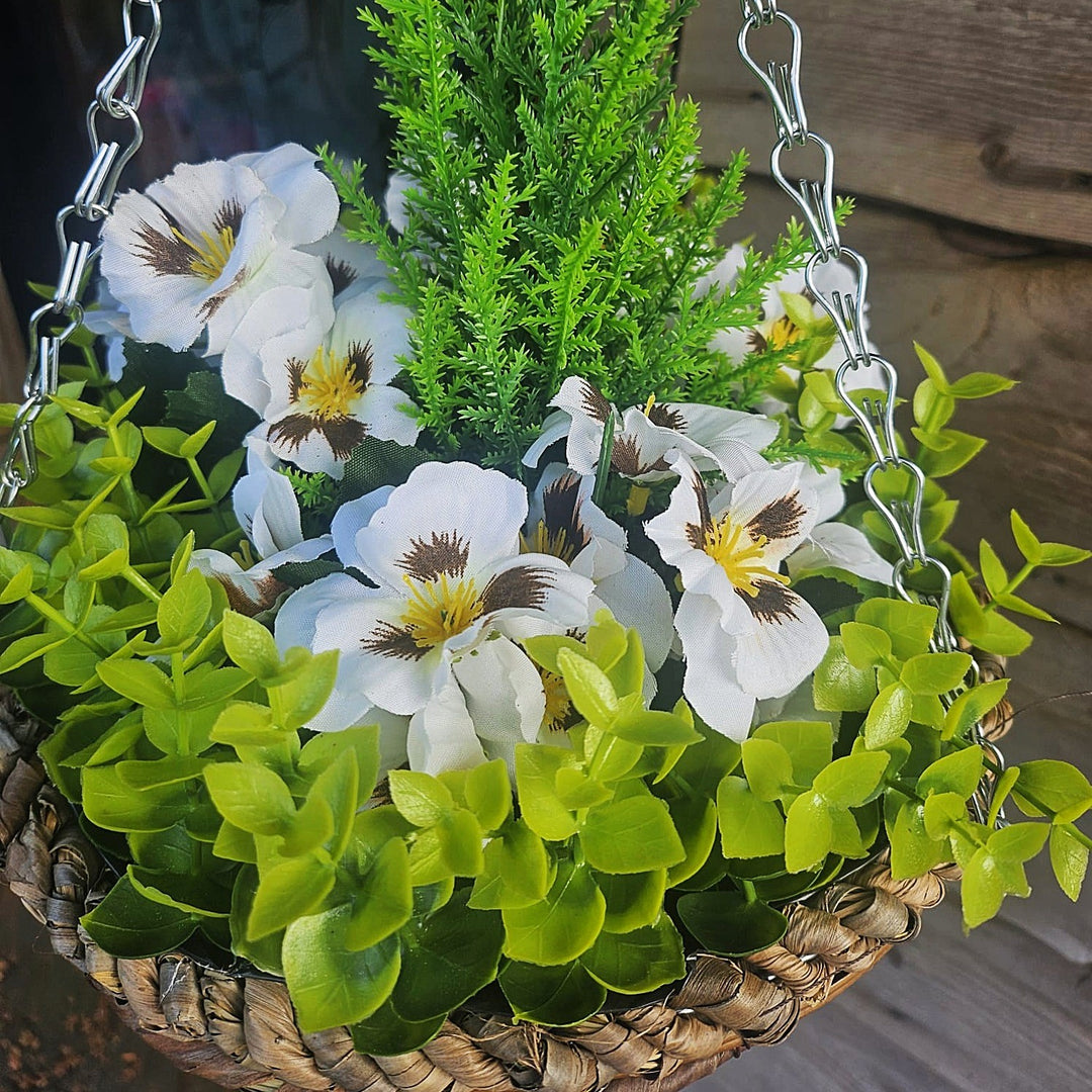Best Artificial 10 Inch Pansy Spring Hanging Basket with Greenery and Conifer Centre