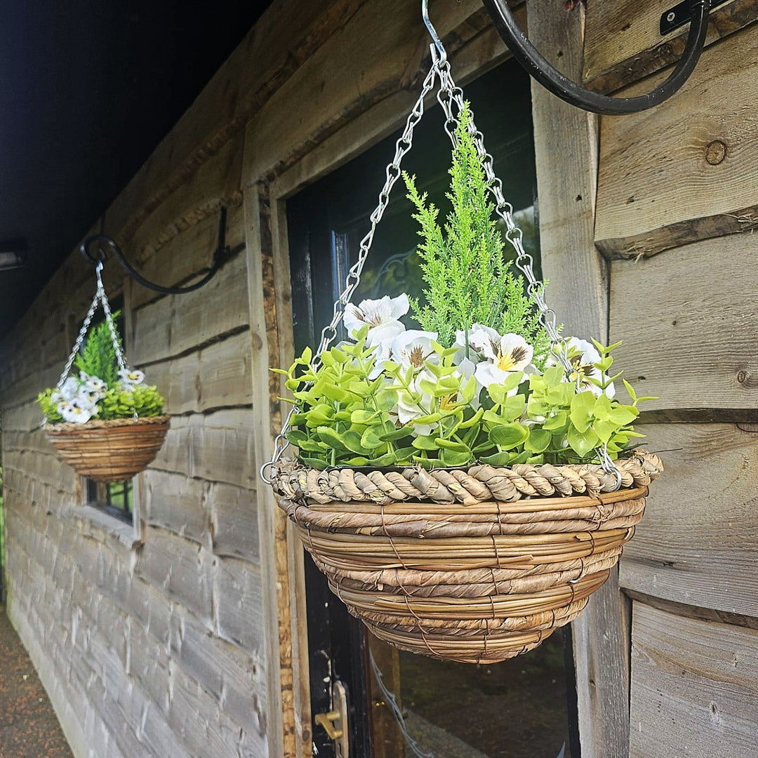 Pair of Best Artificial 10 Inch White Pansy Spring Hanging Baskets with Greenery and Conifer Centre