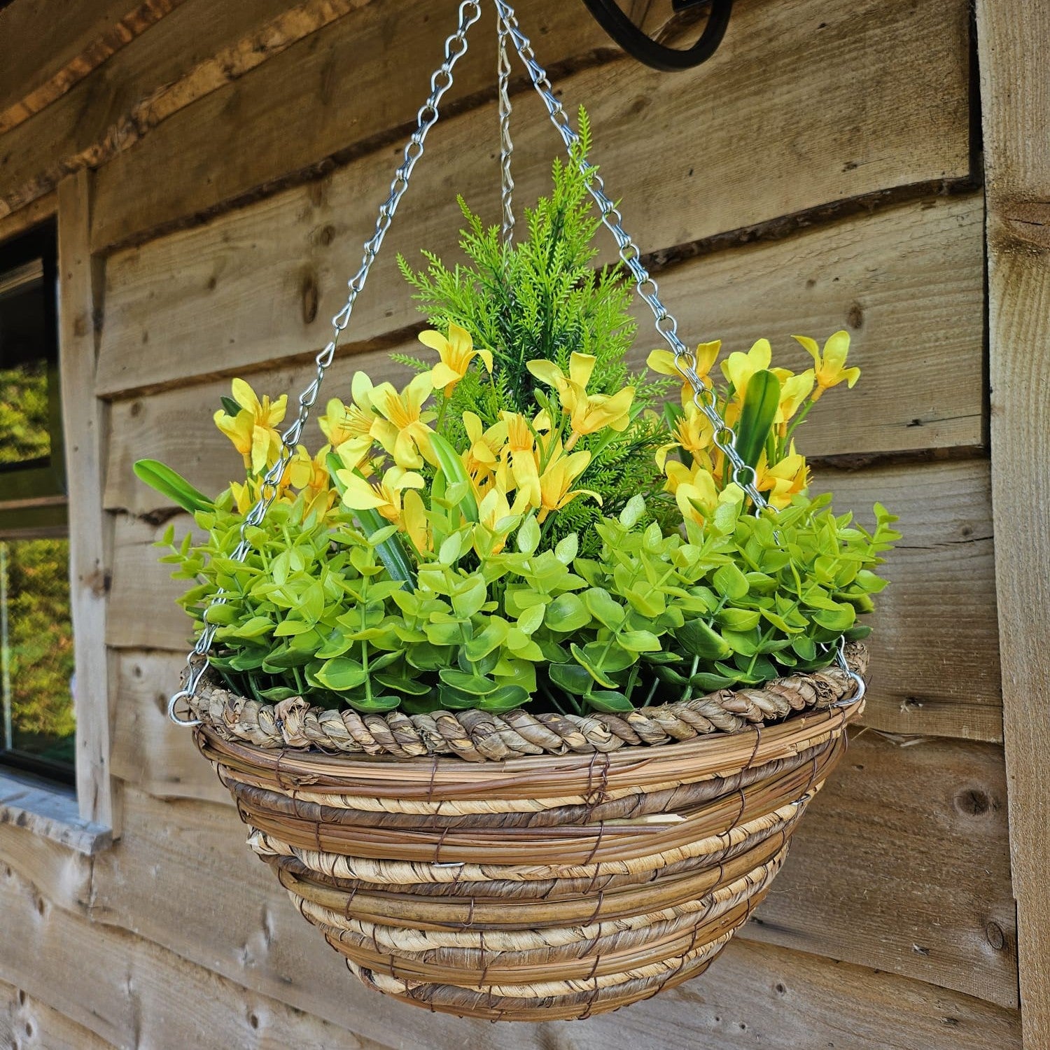 Best Artificial Mini Daffodil Display in 10 inch Woven Decorative Hanging Basket - Suitable for Outdoor use