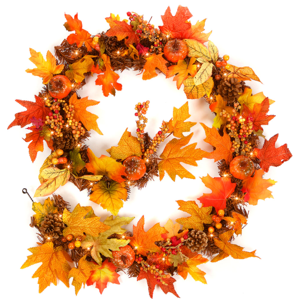 A garland of autumn-themed leaves with warm white LED lights, intended for indoor use.