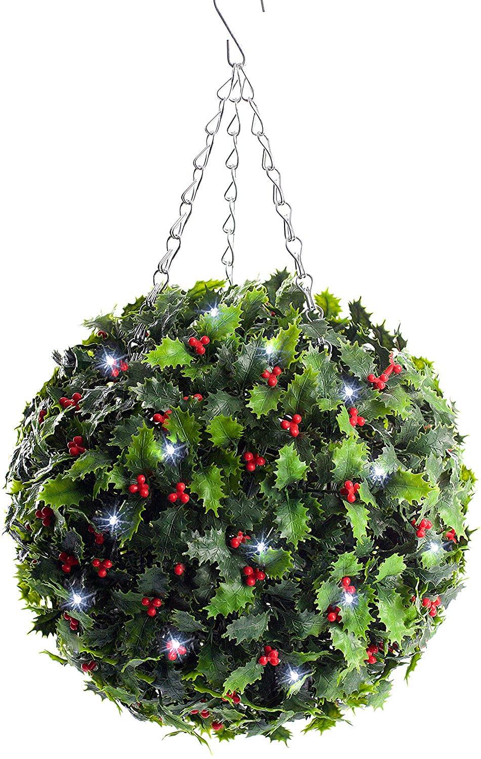 A pre-lit artificial Christmas holly ball with red berries and bright white LED lights, equipped with a galvanized triple hanging chain.