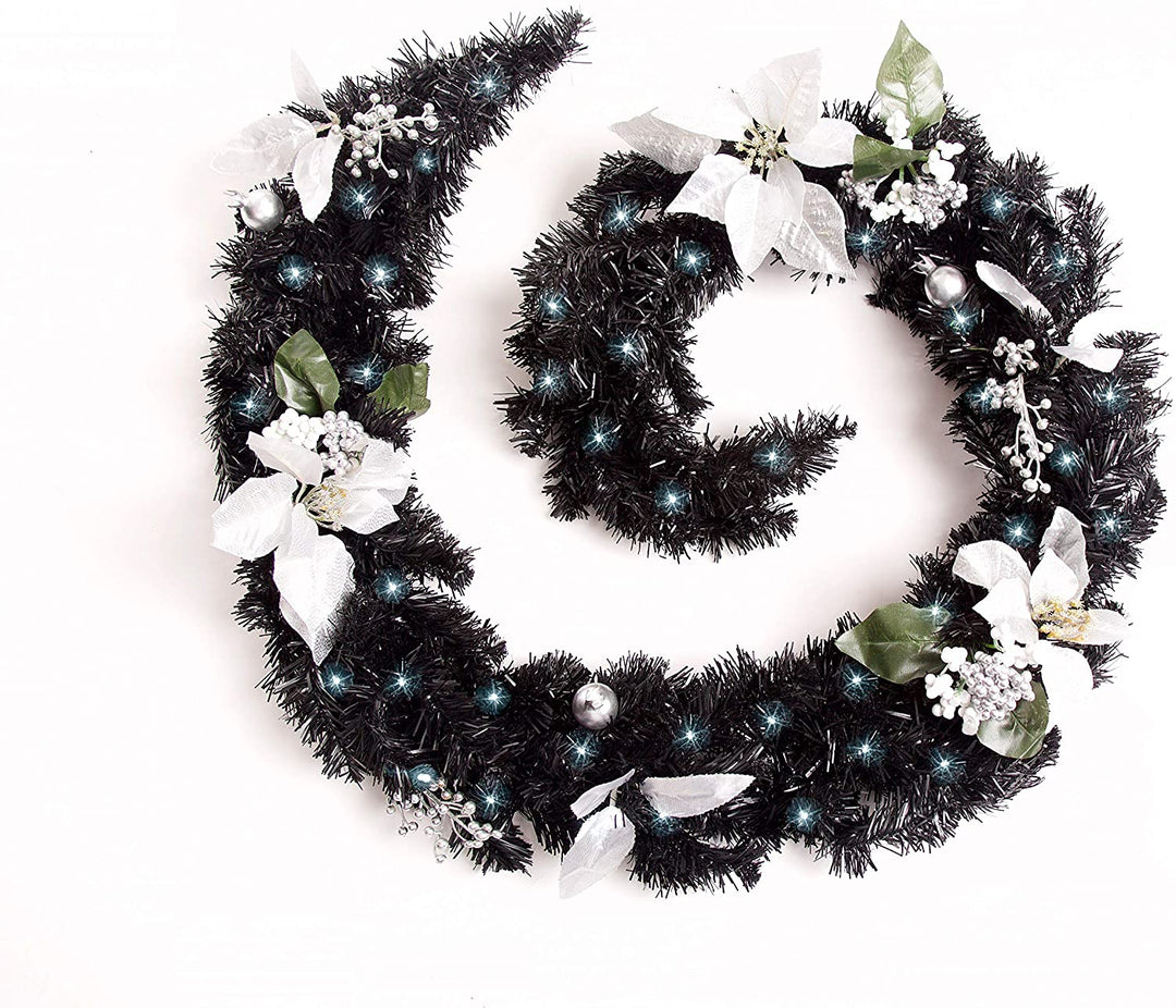 Best Artificial 6ft-9ft-12ft Black & Silver Decorated Christmas Garland - Optional Lights