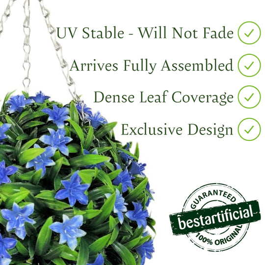 Best Artificial Blue Lily Hanging Basket Flower Topiary Ball - Suitable for Outdoor Use - Weather & Fade Resistant