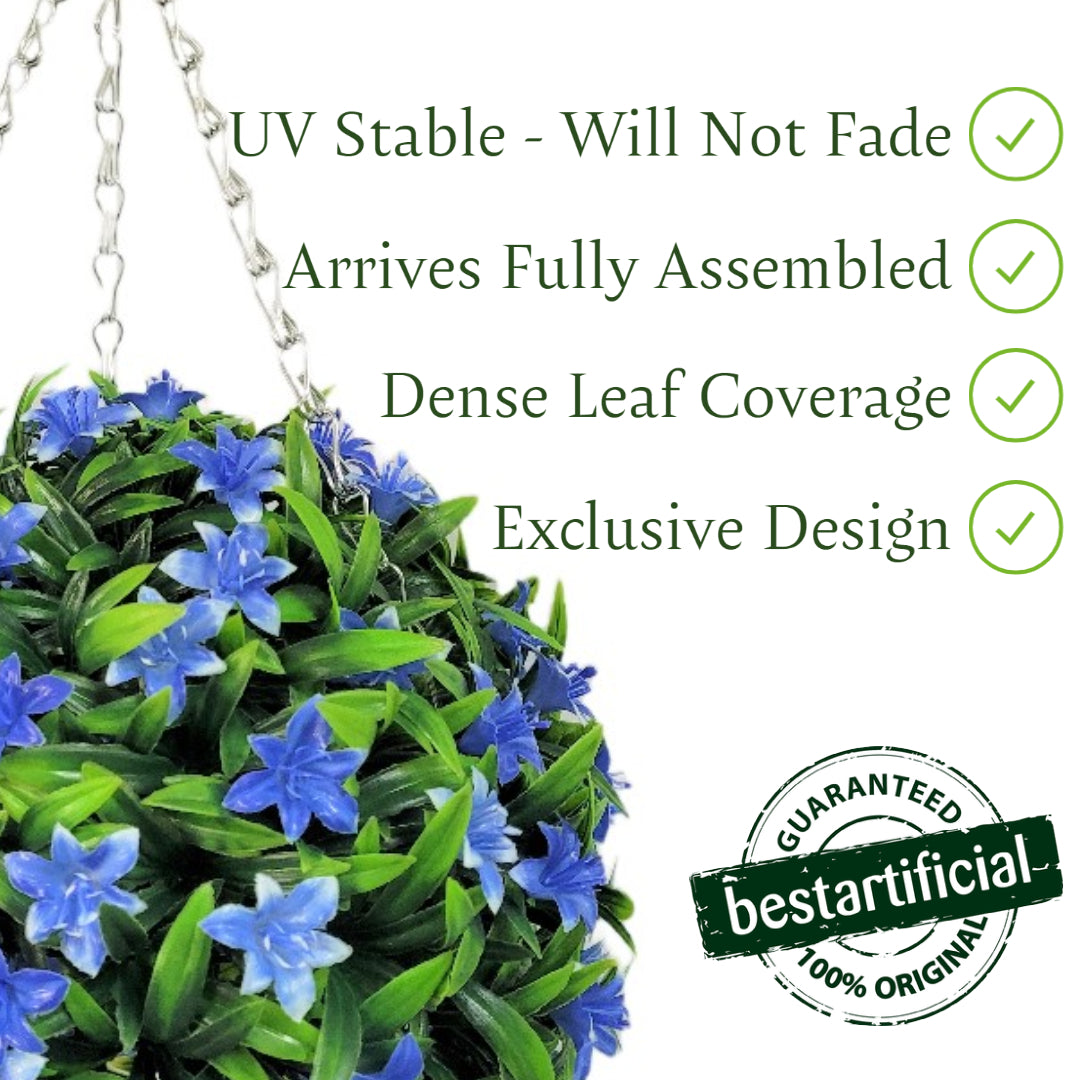 Best Artificial Blue Lily Hanging Basket Flower Topiary Ball - Suitable for Outdoor Use - Weather & Fade Resistant