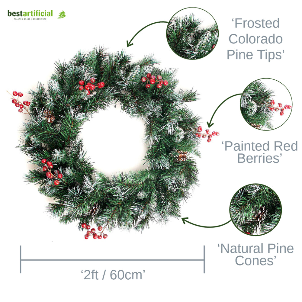 Best Artificial Deluxe Frosted Christmas Wreath with Pine Cones & Winter Red Berries