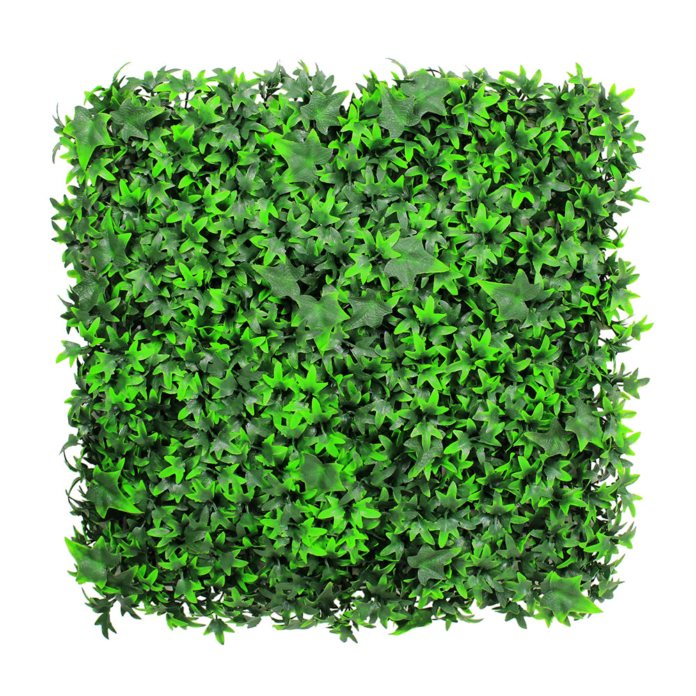 Artificial green wall hedge mat, 50cm x 50cm, UV stable and weather resistant, suitable for indoor and outdoor use.