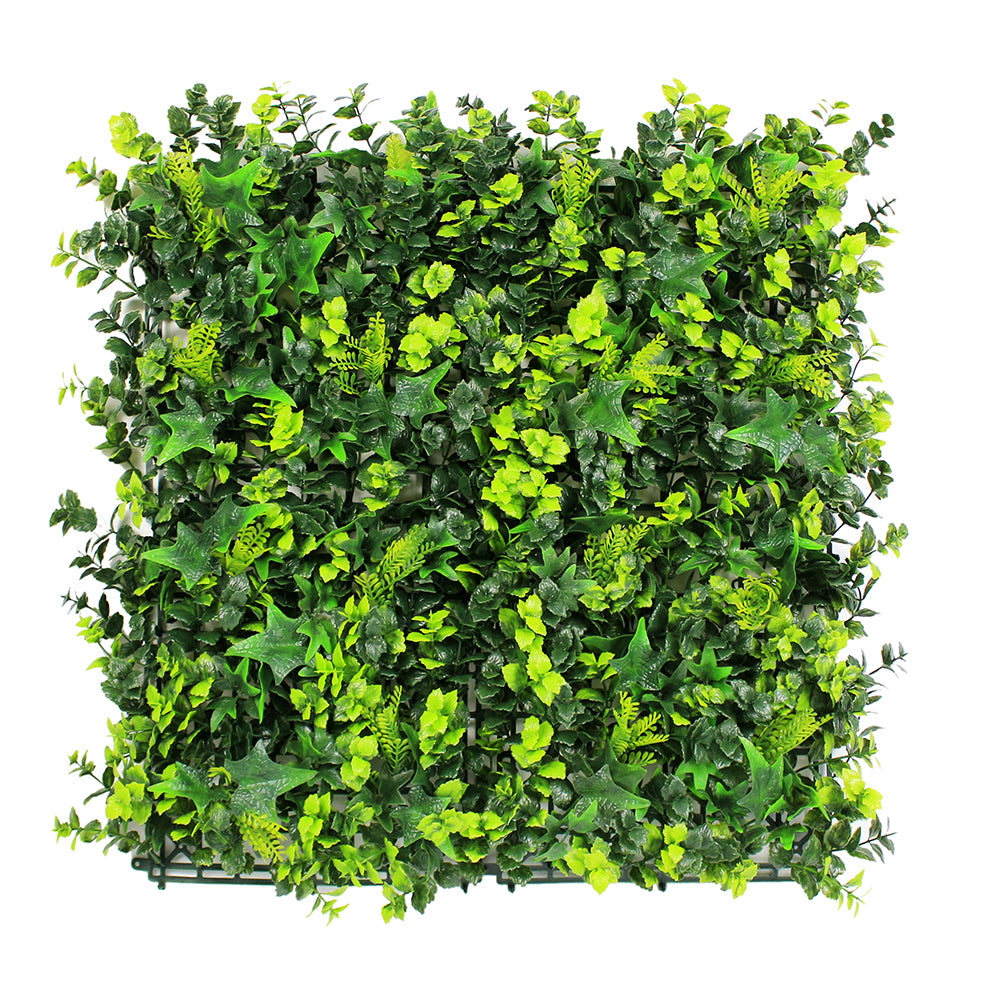 Artificial green wall hedge mat, UV stable and weather resistant, suitable for indoor and outdoor use, depicting a dense arrangement of artificial leaves.