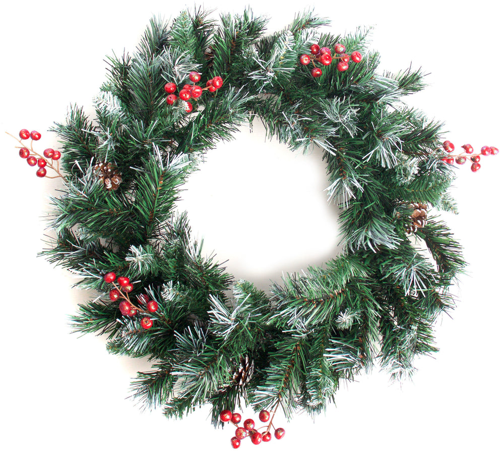 Artificial Christmas wreath with green pine tips, red berries, and frosted accents, displayed against a white background.