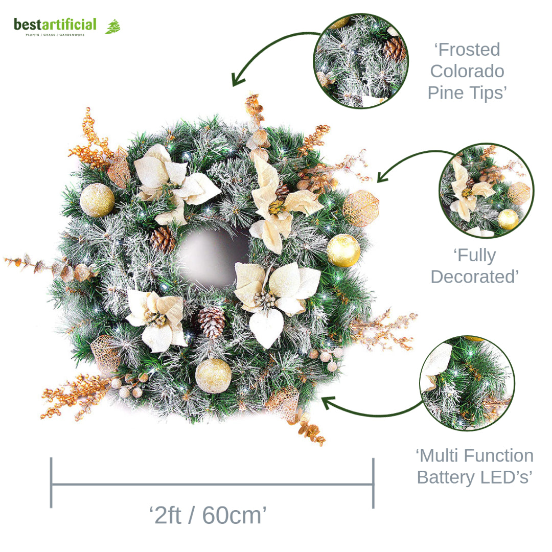 Best Artificial Christmas 60cm Frosted Gold or Red Decorated Wreath with lights