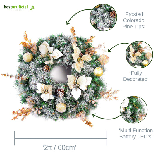 Best Artificial Christmas 60cm Frosted Gold or Red Decorated Wreath with lights