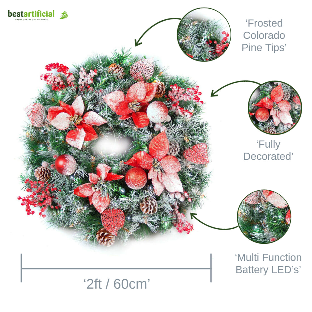 Best Artificial Christmas 60cm Frosted Gold or Red Decorated Wreath with lights