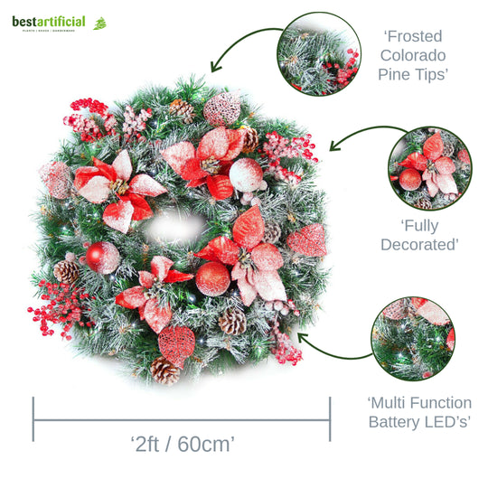 Best Artificial Christmas 60cm Frosted Gold or Red Decorated Wreath with lights
