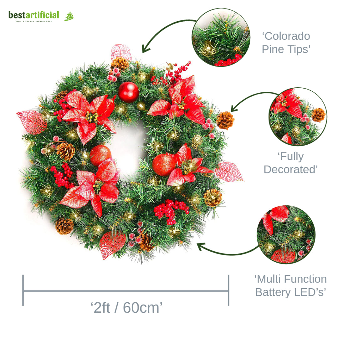 Best Artificial Christmas 60cm Decorated Wreath LED Lights