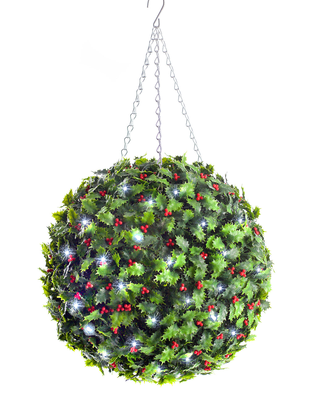 A pre-lit artificial Christmas holly ball with bright white LED lights and red berries.