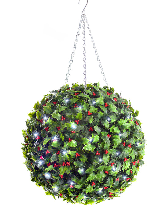 Best Artificial Pre Lit 38cm Christmas Holly Ball with Red Berries