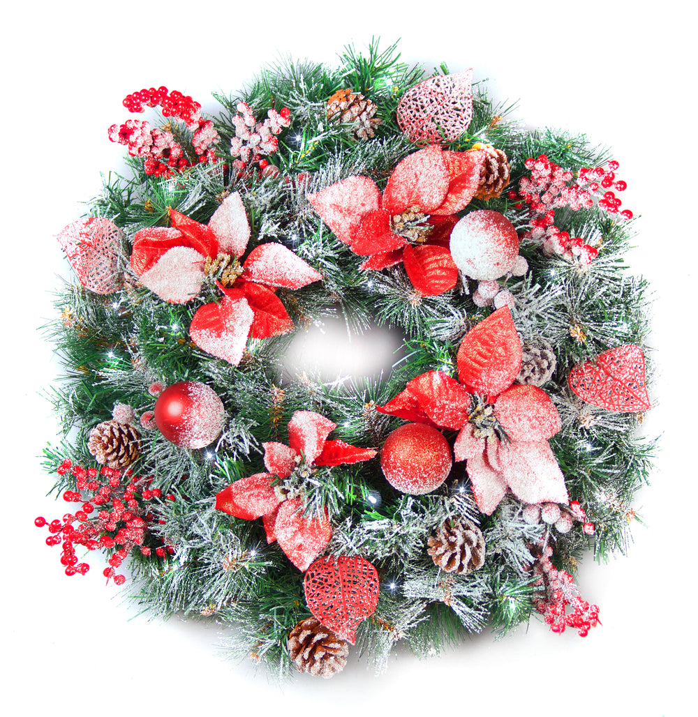 Best Artificial Christmas 60cm Frosted Gold or Red Decorated Wreath with lights - lifestyle display