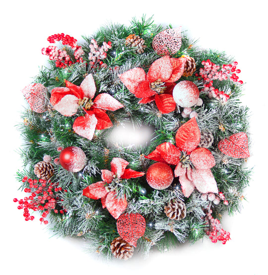 Best Artificial Christmas 60cm Frosted Gold or Red Decorated Wreath with lights