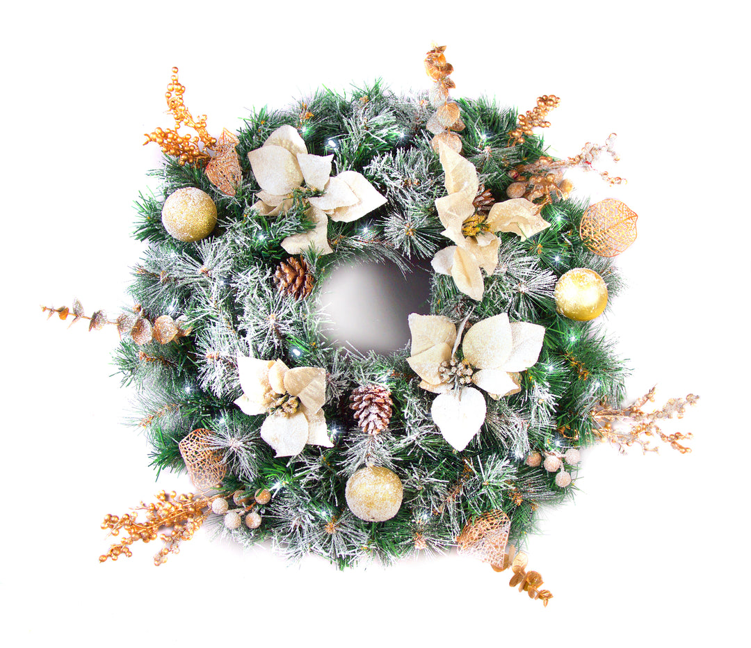 Best Artificial Christmas 60cm Frosted Gold or Red Decorated Wreath with lights