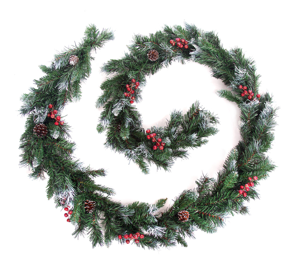 Best Artificial 6ft-9ft-12ft Deluxe Frosted Christmas Garland with Pine Cones & Winter Red Berries - Optional Lights