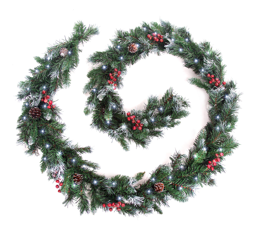 Best Artificial 6ft-9ft-12ft Deluxe Frosted Christmas Garland with Pine Cones & Winter Red Berries - Optional Lights